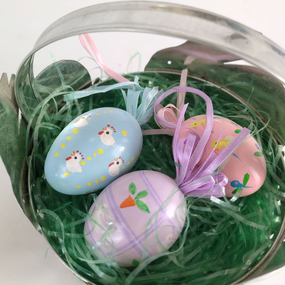 Vintage Easter Set Tin Bunny Basket w Hand Painted Eggs + The Egg Lady Porcelain - Picture 4 of 11